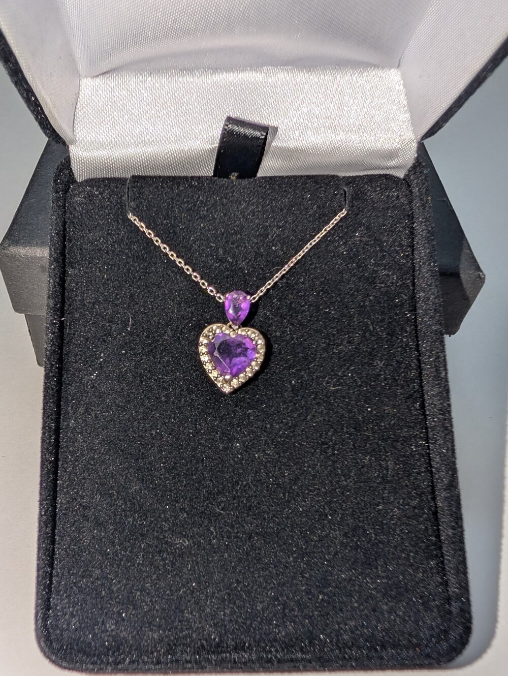Kay Amethyst & Diamond Heart Drop Necklace SS - In box w/Receipt